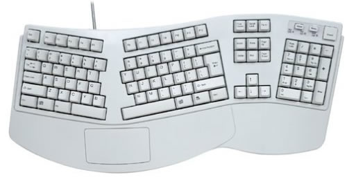 Teclado ergonômico com o botão desligar no canto direito